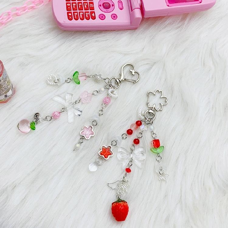 Handmade Keychain Strawberry/Peach Charm Key Chain Colorful Beaded Keyring Charm