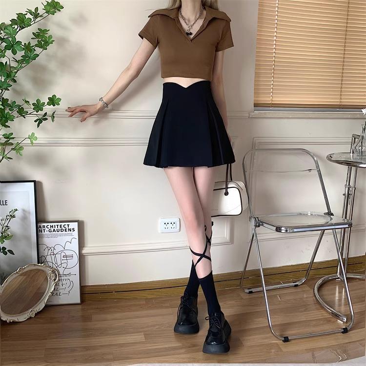 Summer 2024 Women's Black High-Waist Pleated Midi Skirt - Slimming Casual A-Line Bodycon