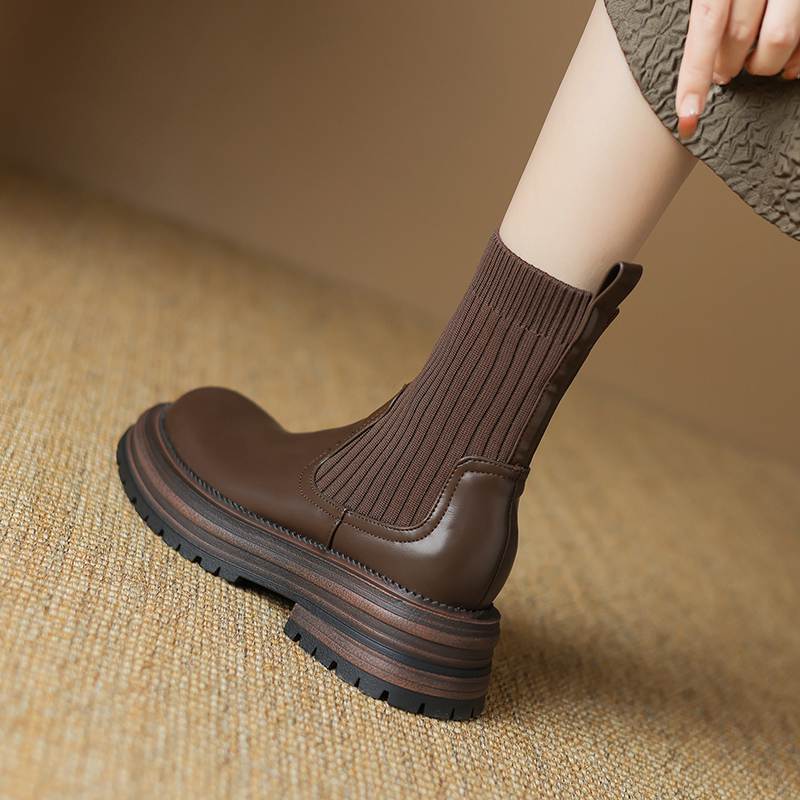 Krazing Pot Microfiber Autumn Winter Shoes Thick High Heels Flat Platform Size 43 Motorcycle Boots Knitwear Non-slip Ankle Boots