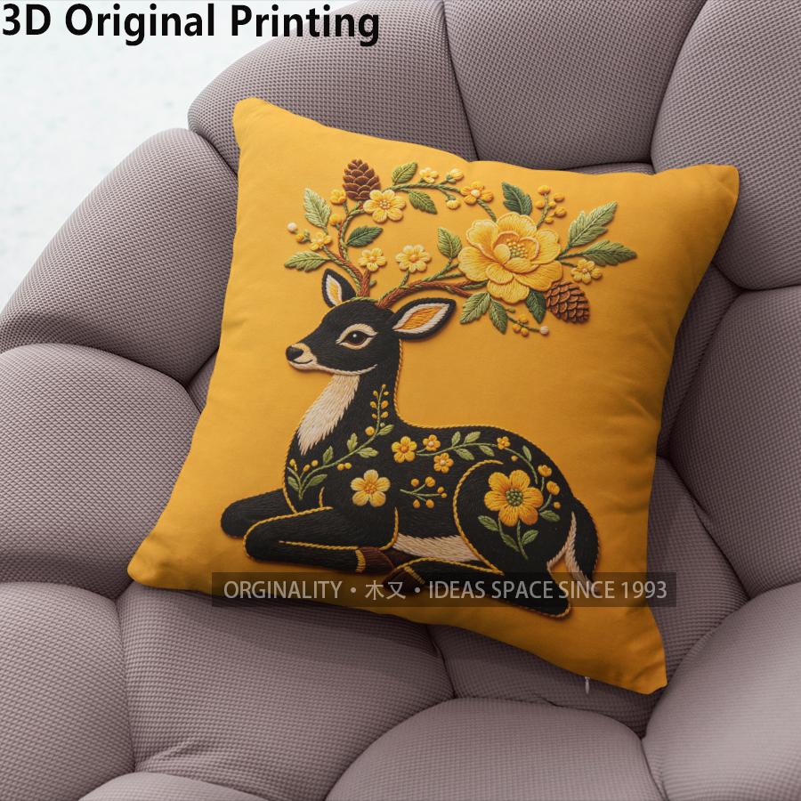 Embroidery Style Deer & Floral Throw Pillow Covers Pattern Cushion Cover Suitable For Sofa Bedroom Car Pillow Cover