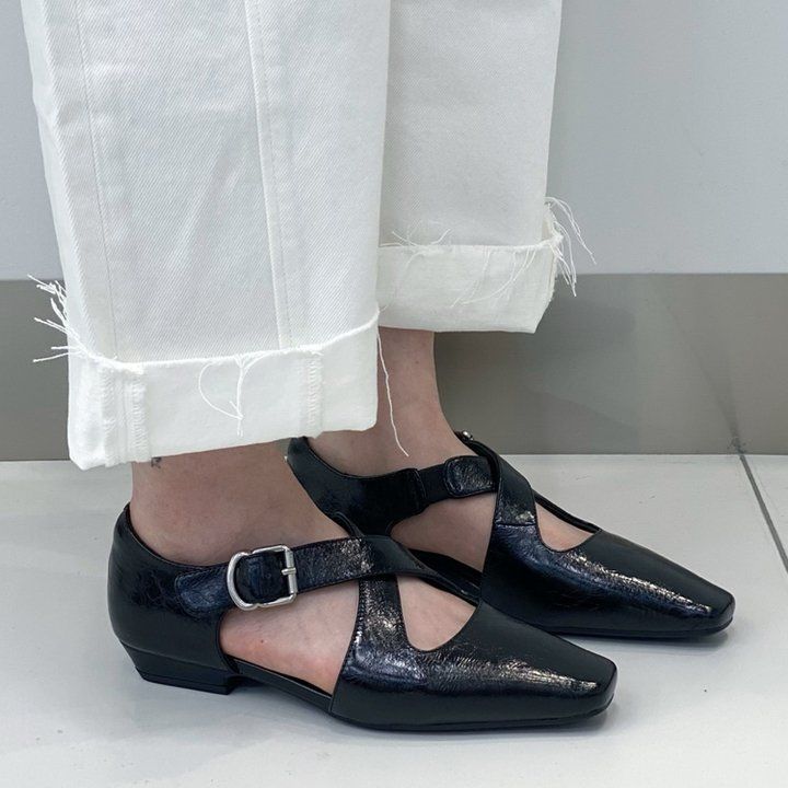 

Yanyu Poetry 2025 Spring and Summer New Comfortable Cowhide Low Heel Square Head Light ** Fork Belt Fashion Single Shoes Women s Shoes 40 чёрный