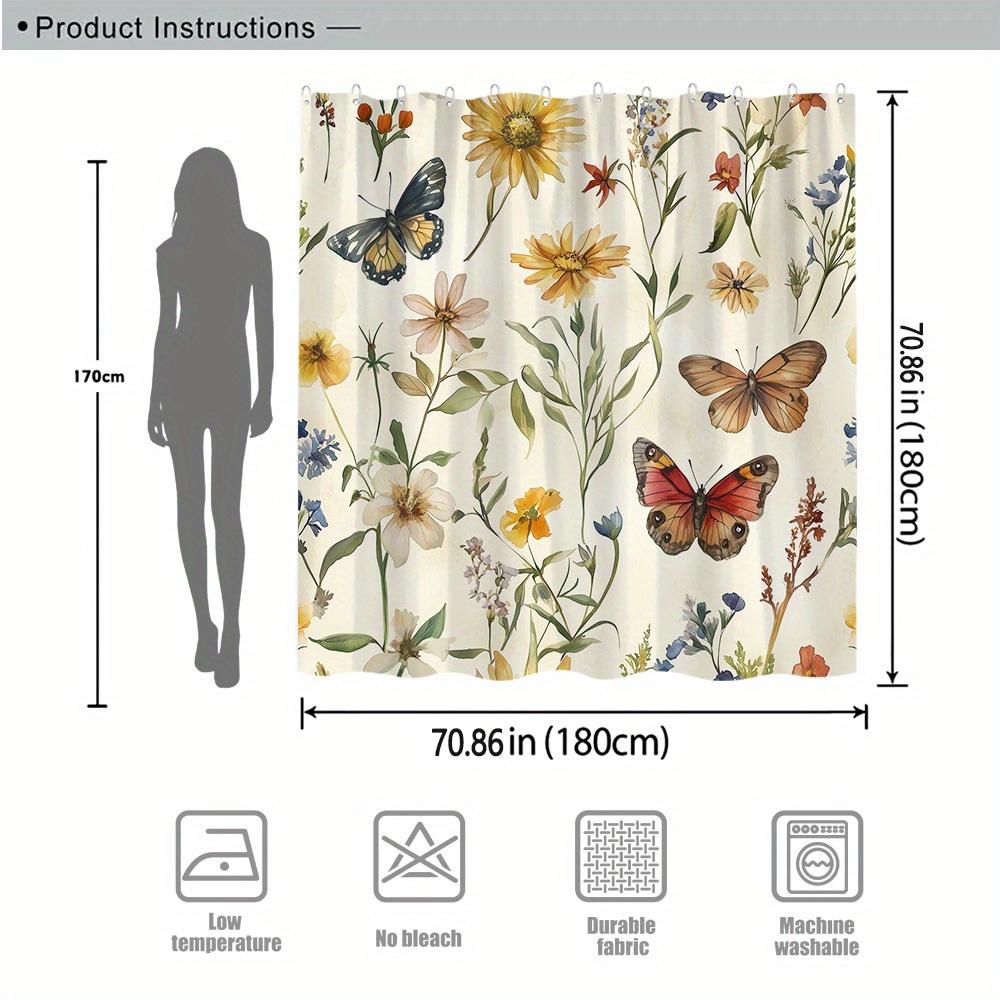 1 Blumiger Schmetterlings-Duschvorhang - Aquarell-Badezimmerdeko mit Gänseblümchen, Lilien, Haken im Lieferumfang enthalten, Maschinenwaschbares Polyester