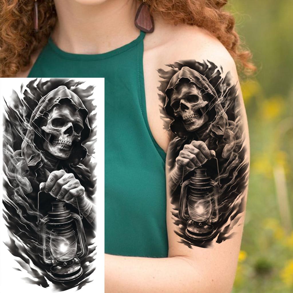 1 Blatt Gruseliger Sensenmann Totenkopf Temporäre Tattoos Halloween Tattoos Langlebig Wasserdicht Tiger Wolf Bestie Fake Tattoo Aufkleber