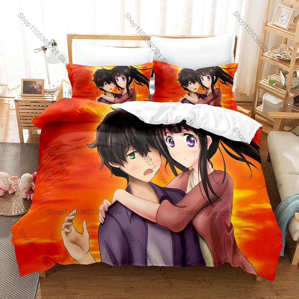 Cool Hyouka Bedding Set Duvet Cover + 2 Pillowcases Chitanda Eru Oreki Houtarou School Mystery Anime Bedroom Decor Kawaii Cute G