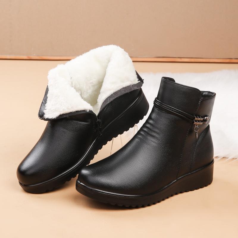 Women's Short Boots Winter Keep Warm Plush Mother Shoes Black PU Leather Waterproof Snow Boots Female Botas Mujer WSH5244