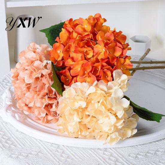 Realistic Fake Flowers Artificial Hydrangea with Green Leaves Stem Flower Wedding Faux Decor Home Office Table Centerpiece Floral Branch Arrangement