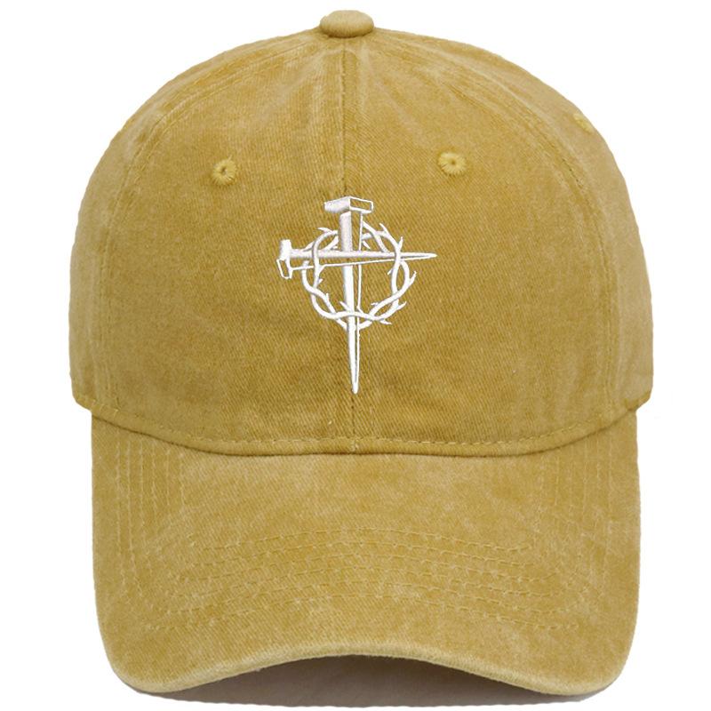 Vintage Washed Crown of Thorns Nail Cross Embroidery Baseball Cap Unisex Adjustable Curved Brim Dad Hat Casual Outdoor Sun Hat