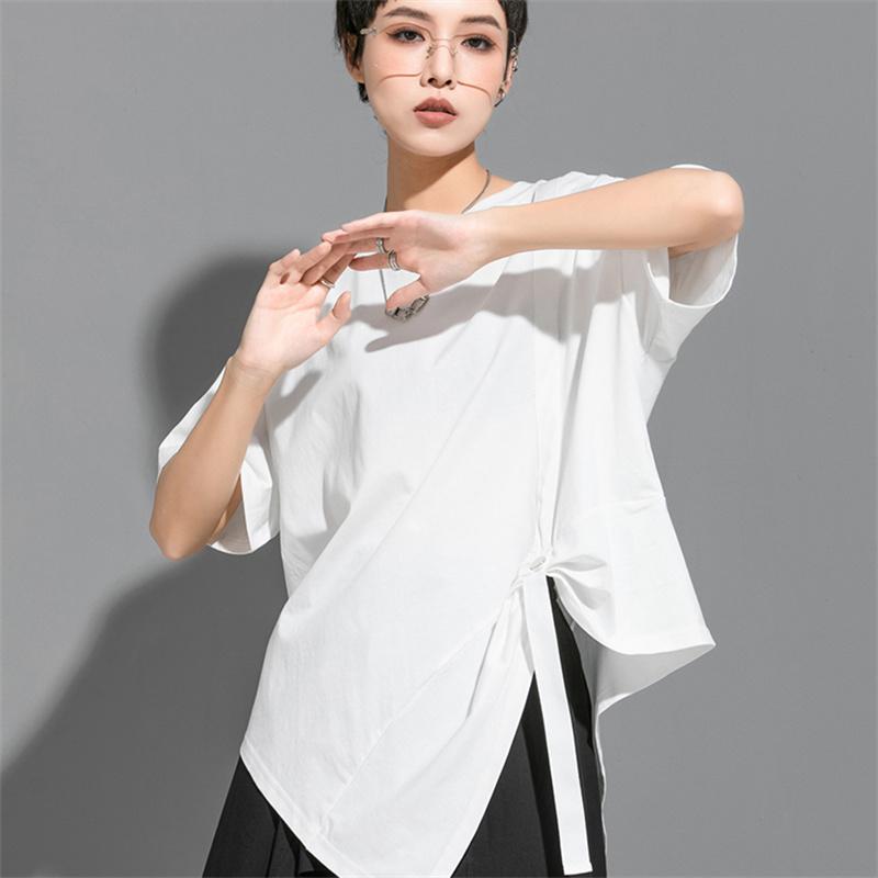 

DIMANAF 2022, женская футболка нестандартной формы размера «летучая мышь», повседневные однотонные топы, хлопковые свободные летние футболки с круглым вырезом и короткими рукавами L белый