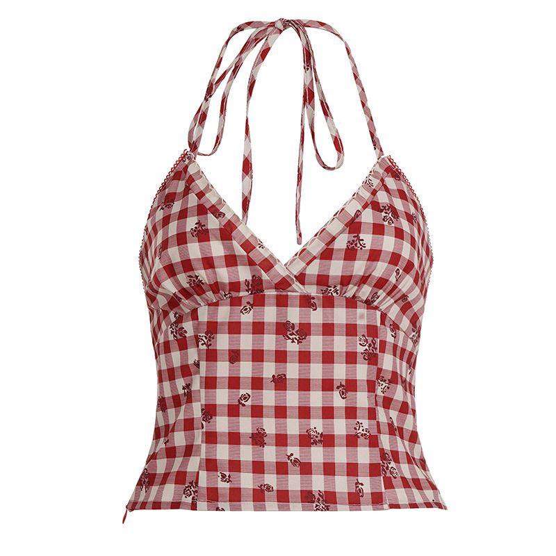 Summer Retro Red Plaid V-Neck Halter Neck Design with Slit, Slim Fit, Backless Spicy Girl Tank Top for Women Red M