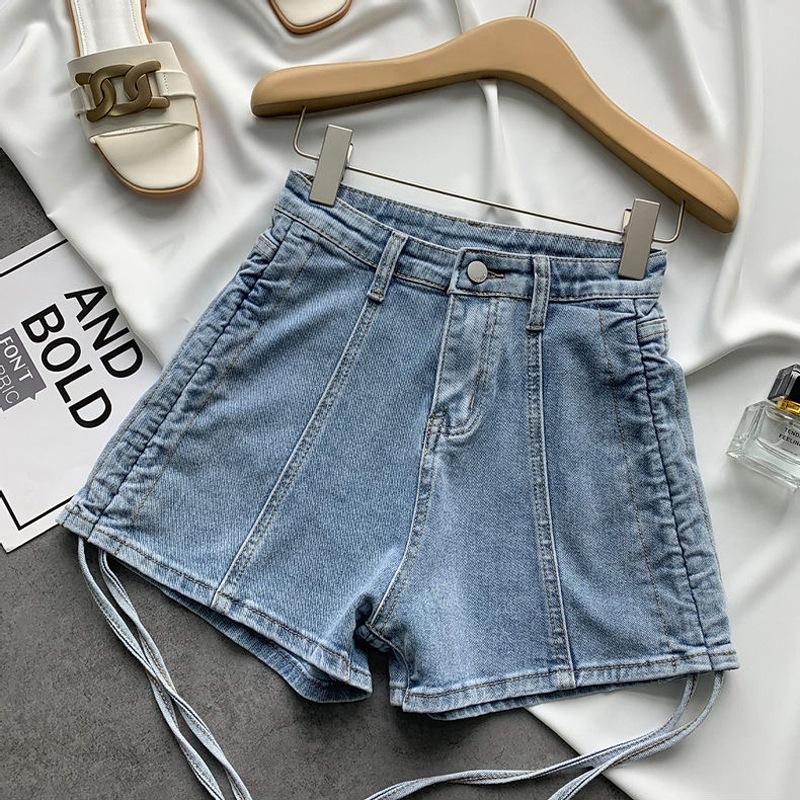Pantaloncini di jeans alla moda versatili con coulisse da donna estivi a sezione sottile a vita alta elastici con bretelle sottili a forma di A a gamba larga super corti sub