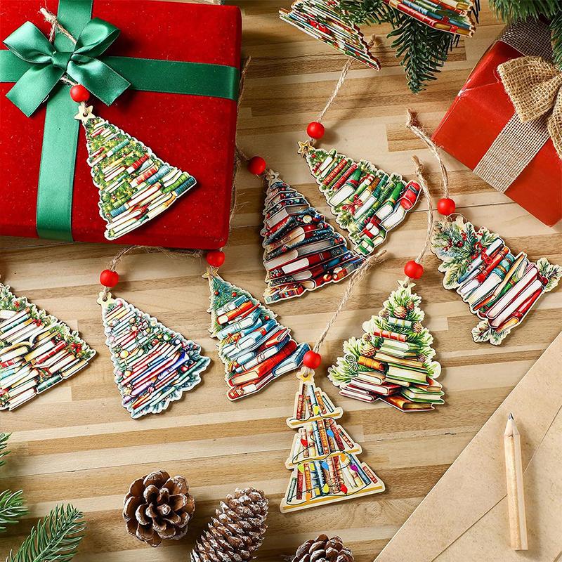 12PCS Book Pendant Colorful Multi-element Christmas Tree Decoration Suspension Rope Exquisite Wooden Gift Holiday