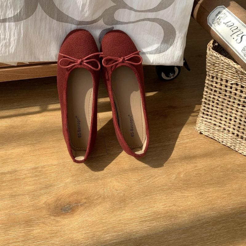 Französische Ballerinas Wildleder Ballett Einzelschuhe Damen 2025 neu Frühling und Herbst Schleife rot Abendschuhe Damen