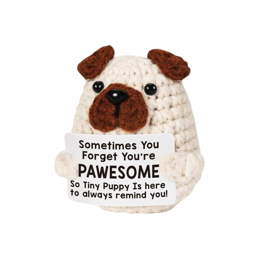Crocheted Pug Dogs Actively Present Wool Dolls As Gifts