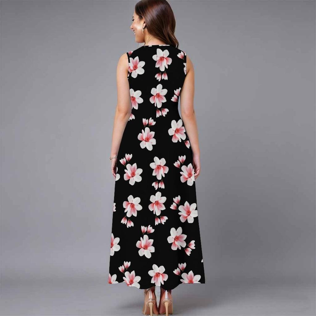 Ladies Plus Size Sleeveless Crew Neck Dress Distinct Floral Printed Loose Mid Length Dress