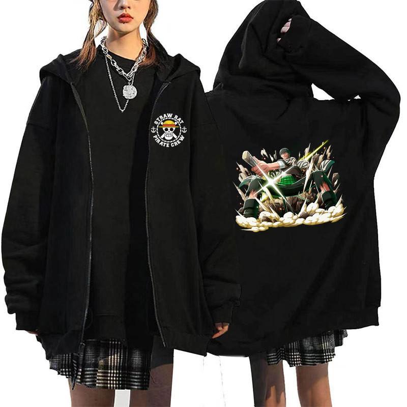 Mens Oversized Hooded Zip-Up Sweatshirt With One Piece Anime Print Plus Size Fleece-Lined Casual Jacket Fall
