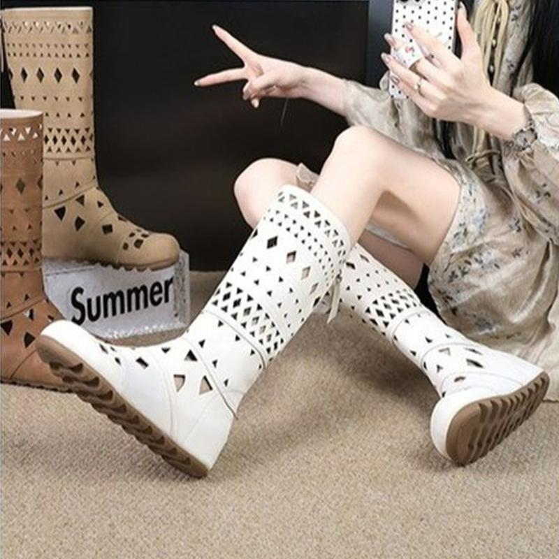 Fashion Women's Bohemian Leather Boots 6cm Heel Hollow out High-Cut Breathable Slimming Western Cowboy Boots Retro Style