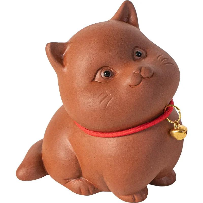 Lucky Bell Cat Tea Pet - Handmade Purple Sand Kitten Statue, Cute Office & Home Decoration, Chinese Style Gift
