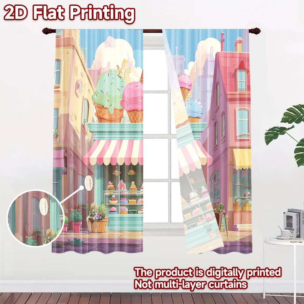 2D Flat Printing 2pcs Party Curtains Cute Cupcakes Kawaii Bakery Shop Digital Printed Polyester Drapes Seasonal Party & Holiday