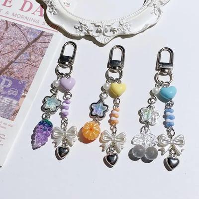 Cute Grapes Oranges Cherries Beads Keychain Pendant Sweet Fruit Key Ring Exquisite Backpack Decoration Accessories Gifts