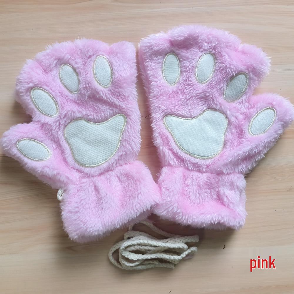 Women's Cute Cartoon Bear Paw Fingerless Plush Gloves with Hanging Neck