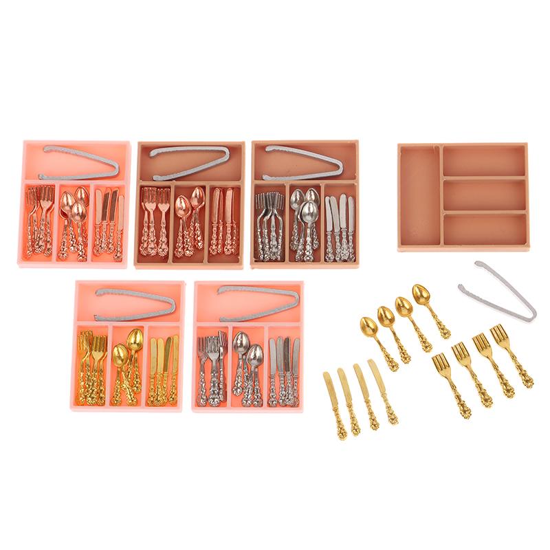1Set 1:12 Dollhouse Mini Knife Fork Spoon Clips Tableware With Storage Box Dollhouse Kitchen Supplies Utensils Decor Accessories