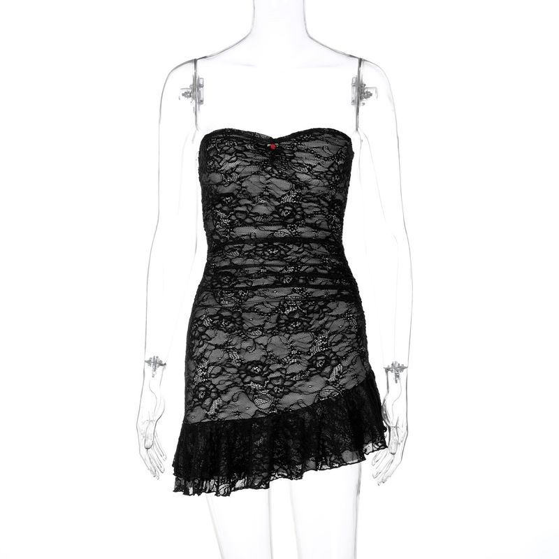 

Lace Wrapped Hip Ruffled Strapless Dress Lace Ruffles Tube Top Dress Black L