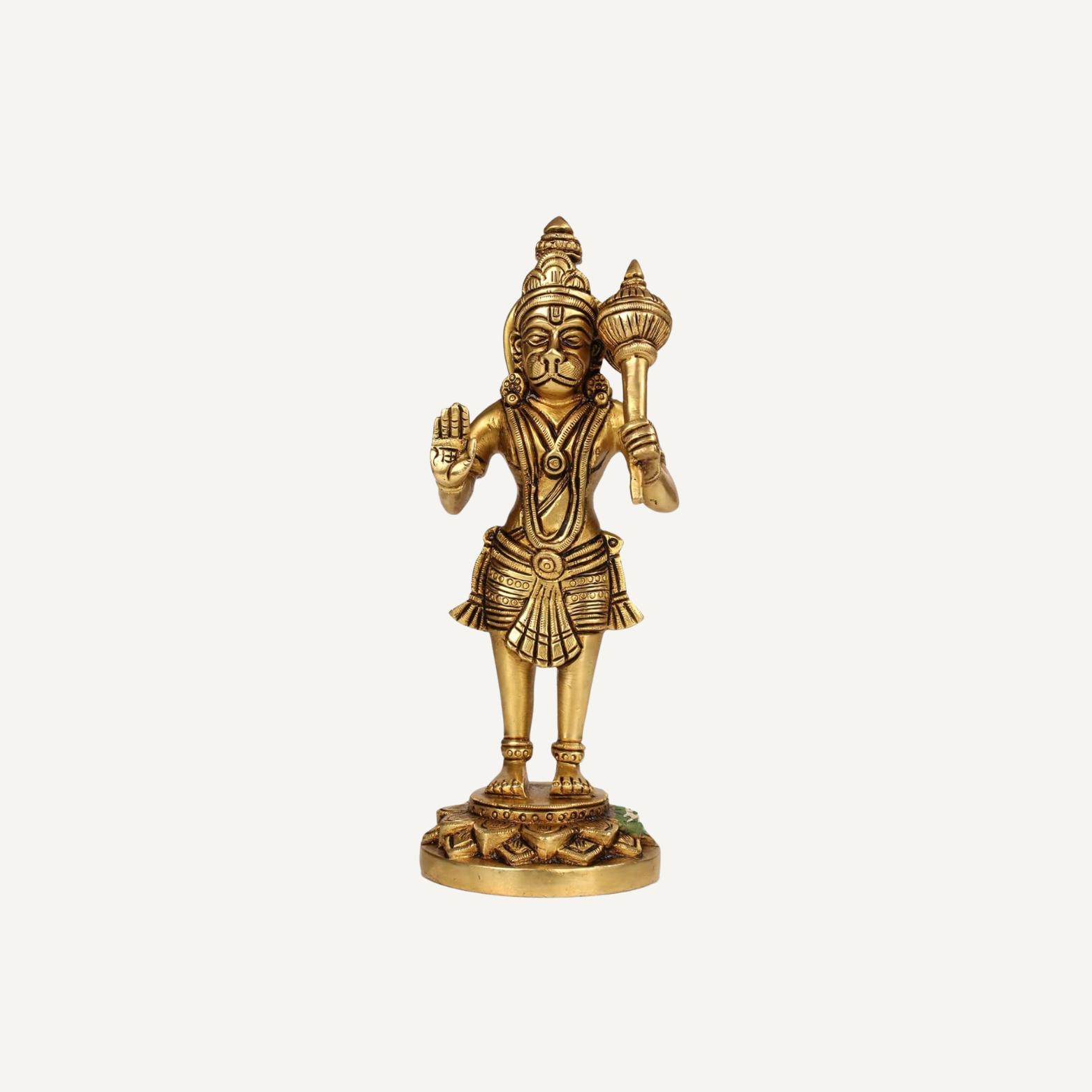 Pure Brass Standing Hanuman Ji Bajrang Bali Sankat Mochan Idol, Gold - 20 Cm