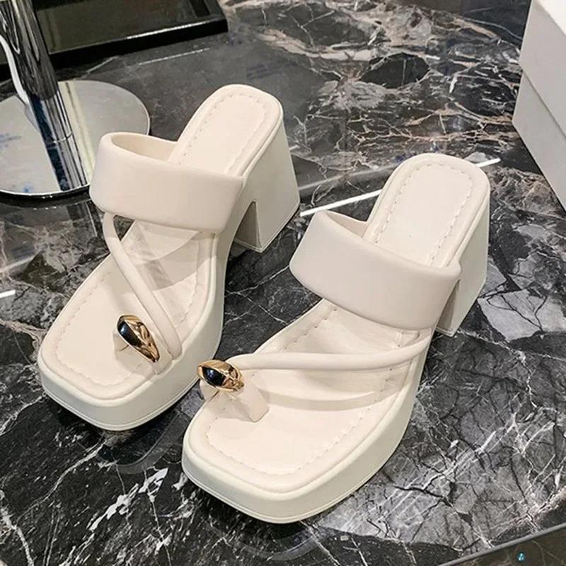 High Heels Women Slipper 2024 Summer Square Toe Woman Platform Sandales Women's Pumps Party Shoes Casual Black Sandalias Luxury