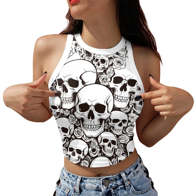Halloween women's top new skull digital printing sleeveless off-the-shoulder short vest women's clothing