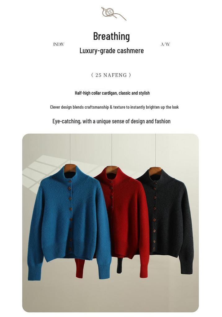 Women's Three-Ply Thickened Cashmere Knit Cardigan: Loose, Slimming, Half-High Collar Single-Breasted Outerwear for Autumn and Winter