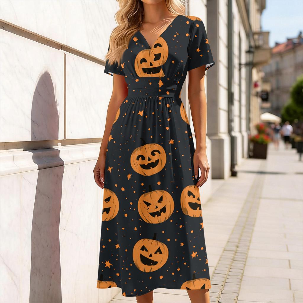 Women's V-Neck Short Sleeve Casual Dress with Halloween Print for Everyday Wear