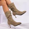 Fashion Vintage Solid Suede Mid Calf Boots Women 2025 Autumn Elegant Pointed Toe High Heel Riding Boots French Retro Clip On Botas