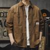 Autumn New Loose Casual American Vintage Work Jacket Men Solid Square Neck Button Pocket Badge Patchwork Long Sleeved Shirt