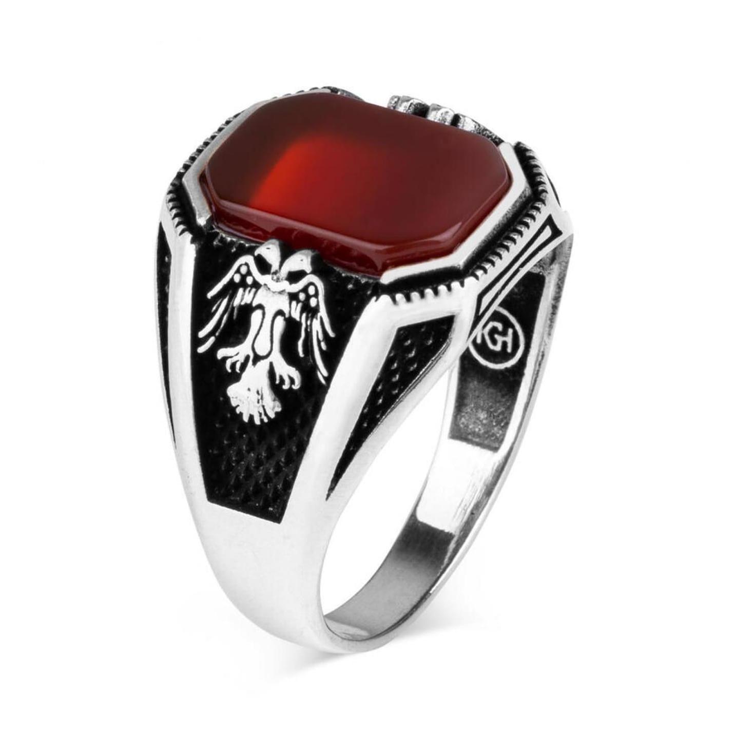 

Серебряное кольцо Minsar с двуглавым орлом и красным ониксом