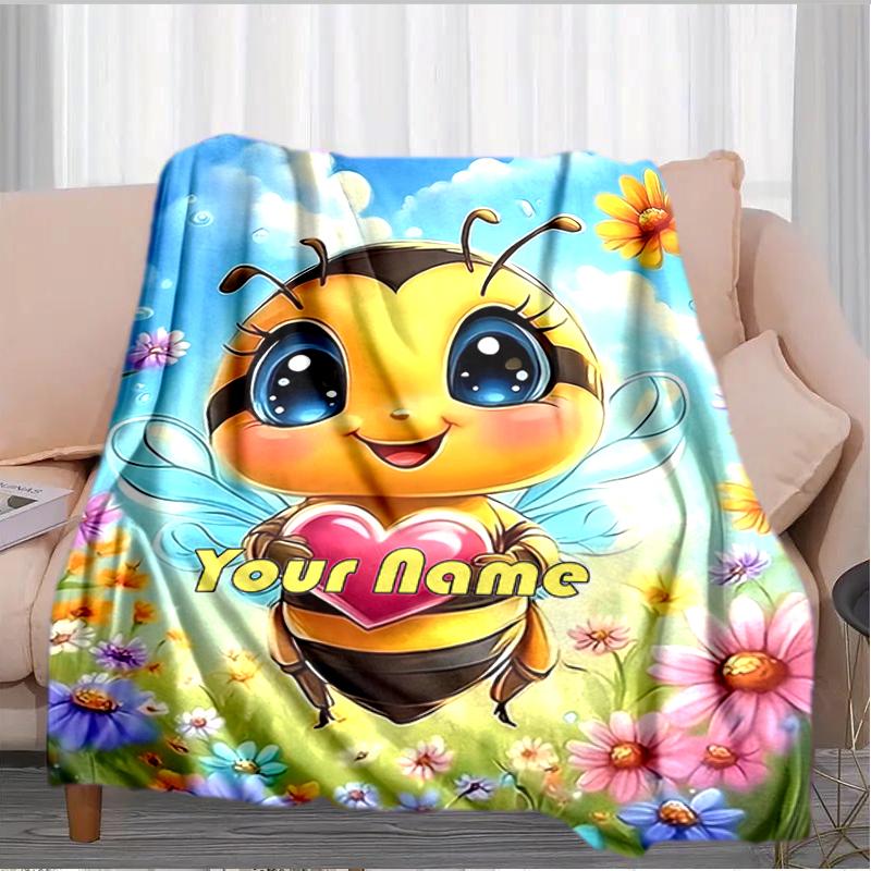 1PC Custom Name Bee Heart Garden flannel blanket versatile, all-season throw suitable for the living room, bedroom, camping, travel, and gift