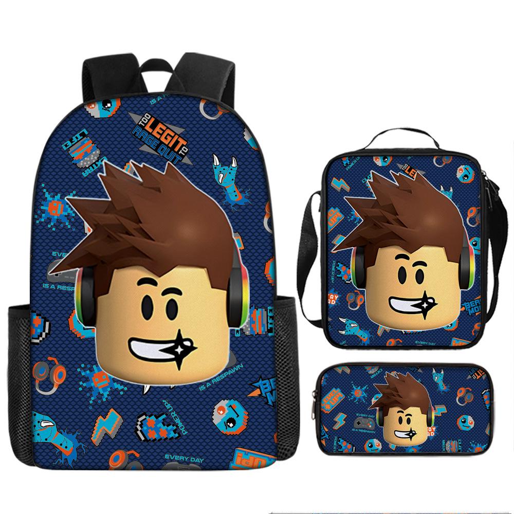 New Roblox Student School Bag Roblox Digital Printing Backpack Three-piece Set Lunch Bag Pencil Case