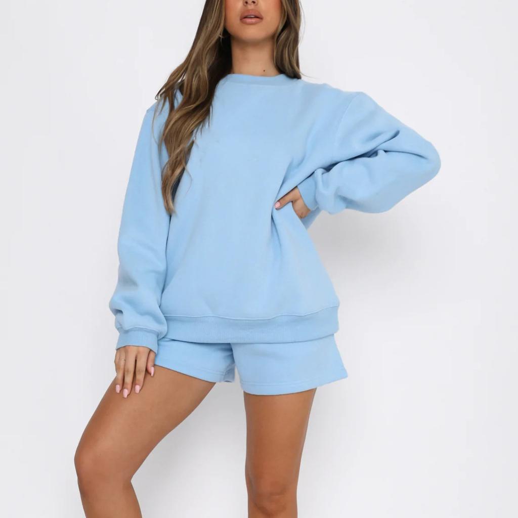 1116 Spring and Autumn Women's New, Solid Color Loose and Versatile Casual Crew Neck Sweater Shorts Set