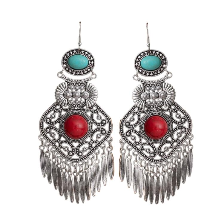 Eye Catching Ethnic Fringe Earrings Long Drop Designs With Natural Stone Beads Sturdy Alloy Jewelry