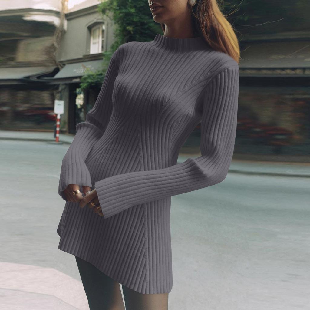 Dámské jednobarevné temperované šaty s volným svetrem a kulatým výstřihem