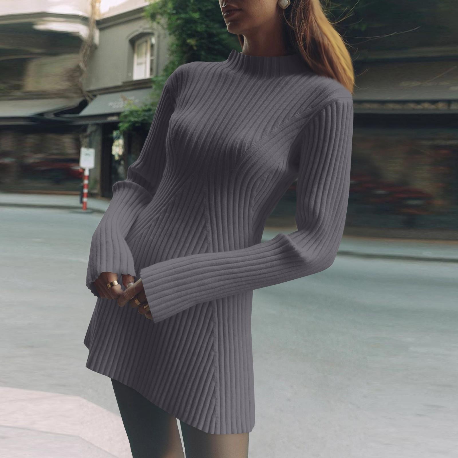 

Женский однотонный цветной темпераментный круглый вырез свободный свитер трикотажное платье M