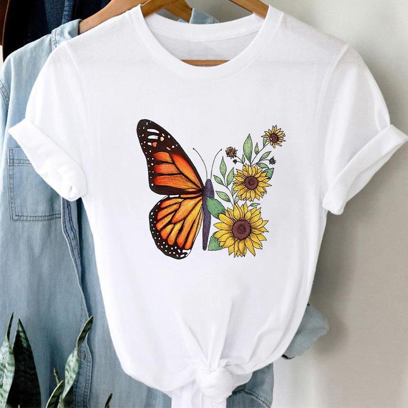 Tshirt Ladeis 2025 Summer Butterfly Flower Female Tee Tops Casual Short Sleeve White Tshirts Streetwear Harajuku Tee Shirt Femme