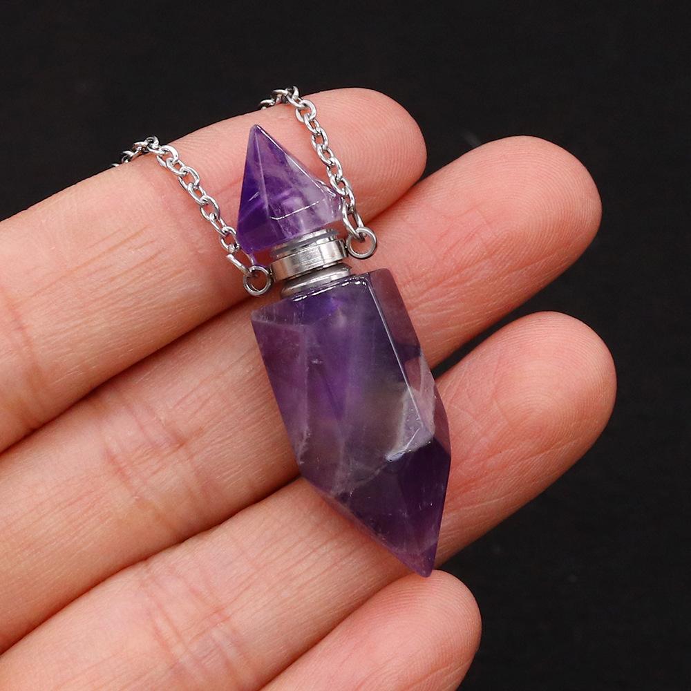 1pc Colgante Collar Botella de Perfume de Piedra Natural Acero Inoxidable Aromaterapia Aceite Esencial con Piedra Cuarzo para Mujer