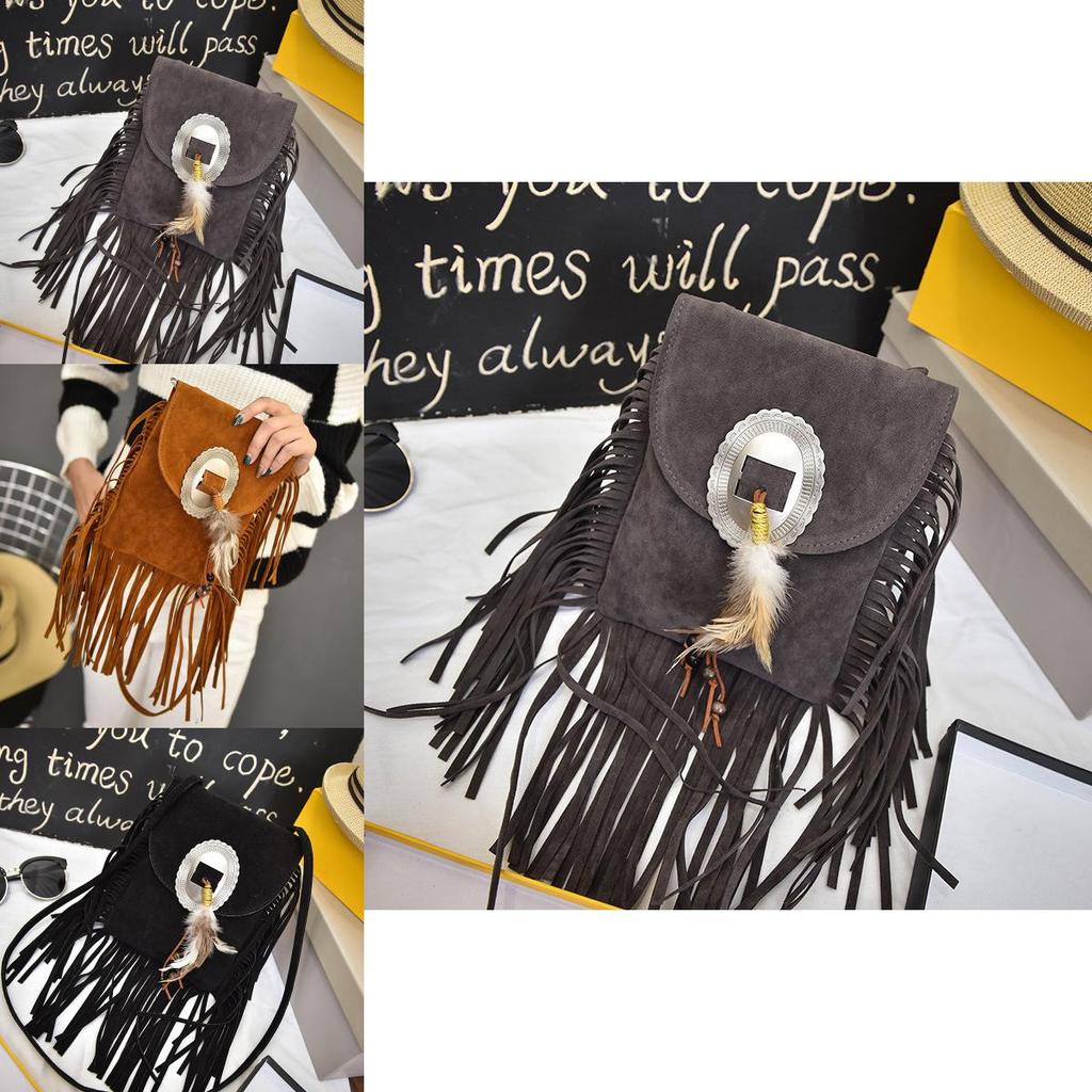 Bohemian Feather Tassel Shoulder Bag With Polyester Lining For Casual Outings