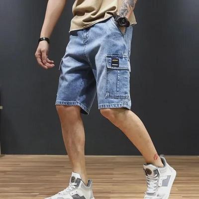 Men's Summer Lightweight Multi-Pocket Denim Work Shorts - Straight Fit, Loose, Elastic, Trendy Mid-Length.