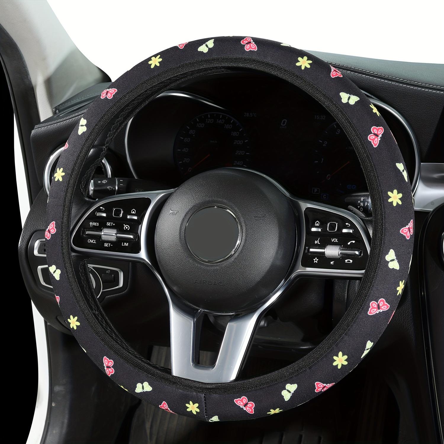 

Universal Fit Steering Wheel Covers for Round and D-Shaped Wheels, Seasonal Stretch-On Synthetic Fiber, No Inner Circle Pet Paw and Floral Patterns