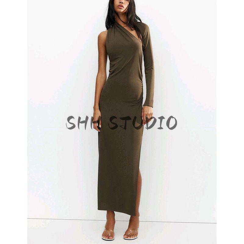 Spring and Summer Women's Clothing French Hem Side Slit Long Sleeves Asymmetric Fold Decorative Length Dress 5644324