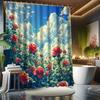 Bright Flower Shower Curtain Set, Bright Stamen, Blue Sky & White Clouds, Bathtub Partition, Modern Bath Decor