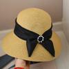 Spring/summer Fashionable Pearl Button Bow Pot Hat, Beach Large Brim Elegant Sun-protection Outdoor Straw Hat for Women