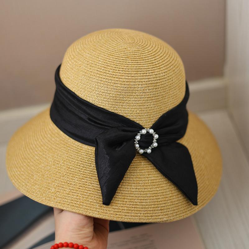 Spring/summer Fashionable Pearl Button Bow Pot Hat, Beach Large Brim Elegant Sun-protection Outdoor Straw Hat for Women