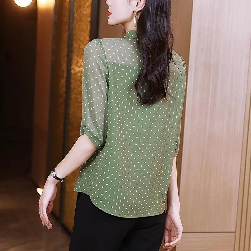 Chiffon Shirt for Women Fashionable Age-reducing Top Half-sleeved Temperament Tie Loose and Beautiful Thin Shirt for Women